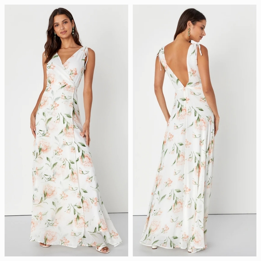 Lulus Romantic Possibilities White Floral Maxi Dress Sz Medium EUC